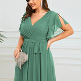 ever LEORA|Robe de soirée en mousseline de soie à col V et à manches flottantes