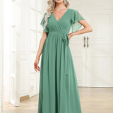 ever LEORA|Robe de soirée en mousseline de soie à col V et à manches flottantes
