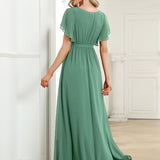 ever LEORA|Robe de soirée en mousseline de soie à col V et à manches flottantes