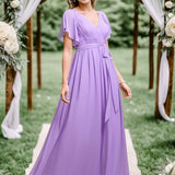 ever LEORA|Robe de soirée en mousseline de soie à col V et à manches flottantes