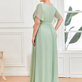 ever LEORA|Robe de soirée en mousseline de soie à col V et à manches flottantes