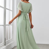 ever LEORA|Robe de soirée en mousseline de soie à col V et à manches flottantes