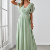 ever LEORA|Robe de soirée en mousseline de soie à col V et à manches flottantes