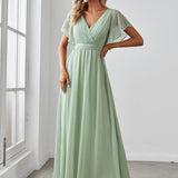 ever LEORA|Robe de soirée en mousseline de soie à col V et à manches flottantes