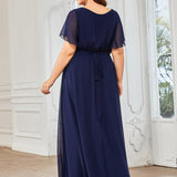 ever LEORA|Robe de soirée en mousseline de soie à col V et à manches flottantes