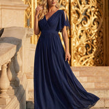 ever LEORA|Robe de soirée en mousseline de soie à col V et à manches flottantes