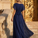ever LEORA|Robe de soirée en mousseline de soie à col V et à manches flottantes