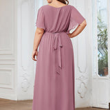 ever LEORA|Robe de soirée en mousseline de soie à col V et à manches flottantes