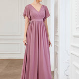 ever LEORA|Robe de soirée en mousseline de soie à col V et à manches flottantes