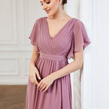 ever LEORA|Robe de soirée en mousseline de soie à col V et à manches flottantes