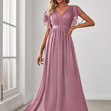 ever LEORA|Robe de soirée en mousseline de soie à col V et à manches flottantes