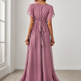 ever LEORA|Robe de soirée en mousseline de soie à col V et à manches flottantes