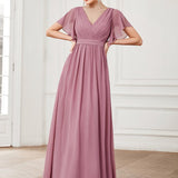 ever LEORA|Robe de soirée en mousseline de soie à col V et à manches flottantes