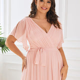 ever LEORA|Robe de soirée en mousseline de soie à col V et à manches flottantes
