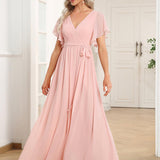 ever LEORA|Robe de soirée en mousseline de soie à col V et à manches flottantes