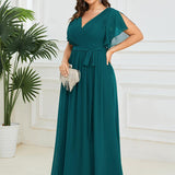 ever LEORA|Robe de soirée en mousseline de soie à col V et à manches flottantes