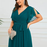 ever LEORA|Robe de soirée en mousseline de soie à col V et à manches flottantes