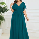 ever LEORA|Robe de soirée en mousseline de soie à col V et à manches flottantes