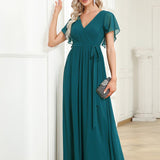 ever LEORA|Robe de soirée en mousseline de soie à col V et à manches flottantes