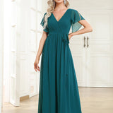 ever LEORA|Robe de soirée en mousseline de soie à col V et à manches flottantes