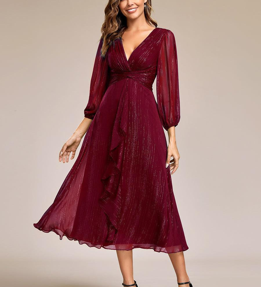 ever EMBER|Robe de soirée trapèze scintillante à manches longues et col en V en mousseline de soie avec torsadé(Vente finale)