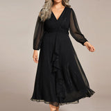 ever EMBER|Robe de soirée trapèze scintillante à manches longues et col en V en mousseline de soie avec torsadé(Vente finale)