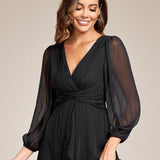 ever EMBER|Robe de soirée trapèze scintillante à manches longues et col en V en mousseline de soie avec torsadé(Vente finale)