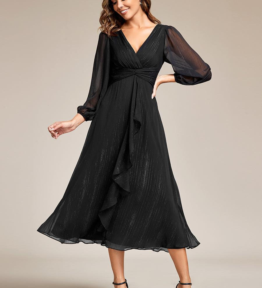 ever EMBER|Robe de soirée trapèze scintillante à manches longues et col en V en mousseline de soie avec torsadé(Vente finale)