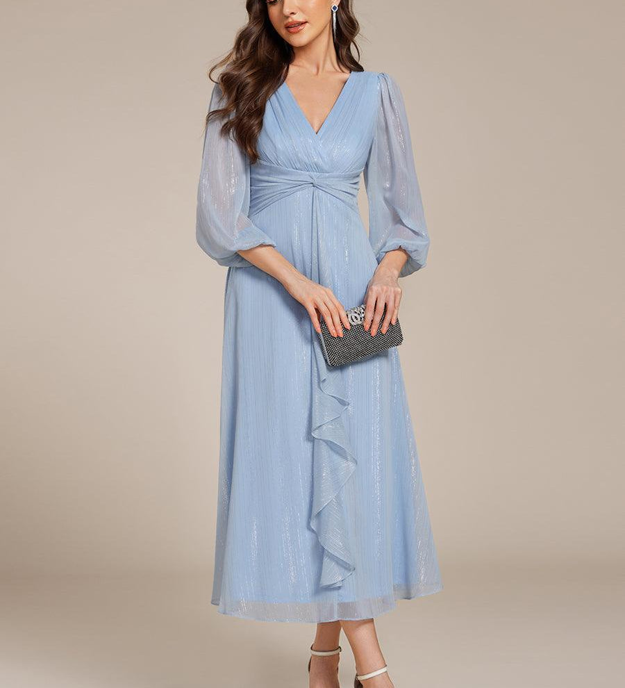 ever EMBER|Robe de soirée trapèze scintillante à manches longues et col en V en mousseline de soie avec torsadé(Vente finale)
