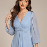 ever EMBER|Robe de soirée trapèze scintillante à manches longues et col en V en mousseline de soie avec torsadé(Vente finale)