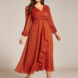 ever EMBER|Robe de soirée trapèze scintillante à manches longues et col en V en mousseline de soie avec torsadé(Vente finale)