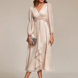 ever EMBER|Robe de soirée trapèze scintillante à manches longues et col en V en mousseline de soie avec torsadé(Vente finale)
