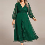 ever EMBER|Robe de soirée trapèze scintillante à manches longues et col en V en mousseline de soie avec torsadé(Vente finale)