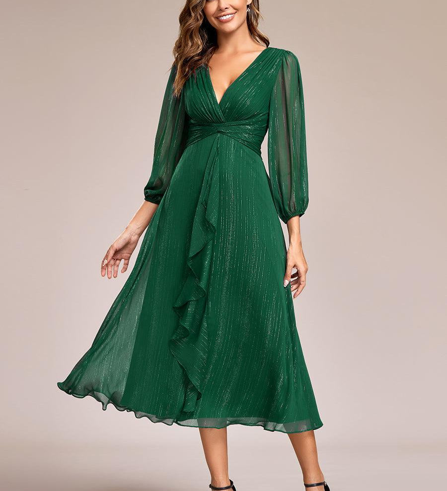 ever EMBER|Robe de soirée trapèze scintillante à manches longues et col en V en mousseline de soie avec torsadé(Vente finale)