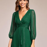ever EMBER|Robe de soirée trapèze scintillante à manches longues et col en V en mousseline de soie avec torsadé(Vente finale)