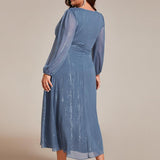 ever EMBER|Robe de soirée trapèze scintillante à manches longues et col en V en mousseline de soie avec torsadé(Vente finale)