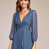 ever EMBER|Robe de soirée trapèze scintillante à manches longues et col en V en mousseline de soie avec torsadé(Vente finale)