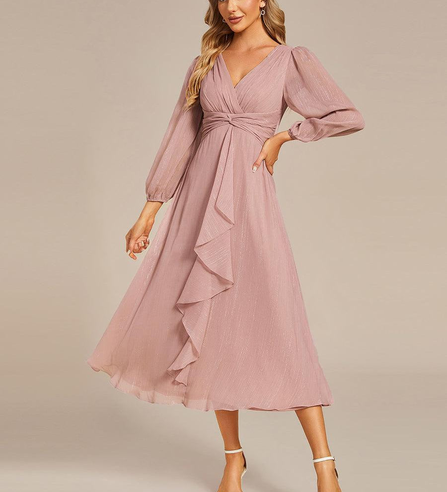 ever EMBER|Robe de soirée trapèze scintillante à manches longues et col en V en mousseline de soie avec torsadé(Vente finale)