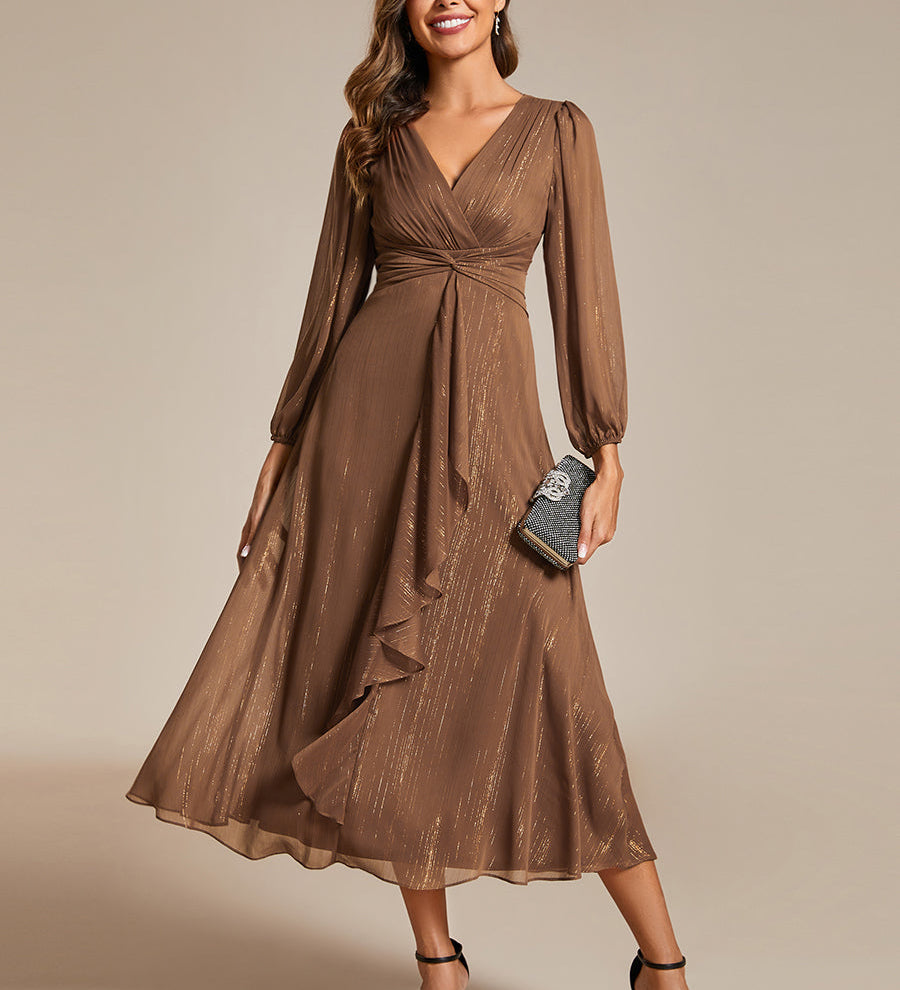 ever EMBER|Robe de soirée trapèze scintillante à manches longues et col en V en mousseline de soie avec torsadé(Vente finale)