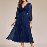 ever EMBER|Robe de soirée trapèze scintillante à manches longues et col en V en mousseline de soie avec torsadé(Vente finale)