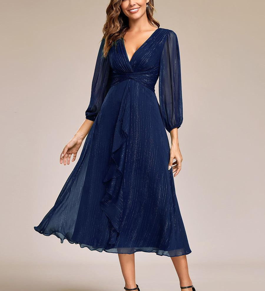 ever EMBER|Robe de soirée trapèze scintillante à manches longues et col en V en mousseline de soie avec torsadé(Vente finale)