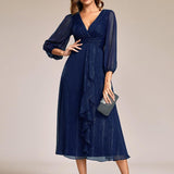 ever EMBER|Robe de soirée trapèze scintillante à manches longues et col en V en mousseline de soie avec torsadé(Vente finale)