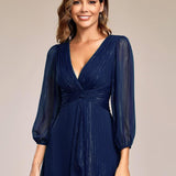 ever EMBER|Robe de soirée trapèze scintillante à manches longues et col en V en mousseline de soie avec torsadé(Vente finale)