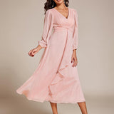 ever EMBER|Robe de soirée trapèze scintillante à manches longues et col en V en mousseline de soie avec torsadé(Vente finale)