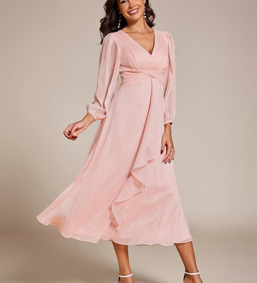ever EMBER|Robe de soirée trapèze scintillante à manches longues et col en V en mousseline de soie avec torsadé(Vente finale)