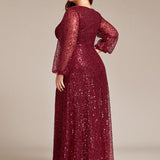ever RAYVEN|Robe de soirée trapèze à paillettes col en V manches longues et paillettes