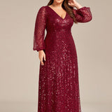 ever RAYVEN|Robe de soirée trapèze à paillettes col en V manches longues et paillettes