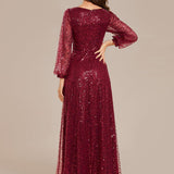 ever RAYVEN|Robe de soirée trapèze à paillettes col en V manches longues et paillettes