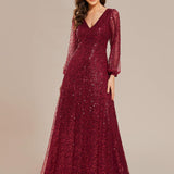 ever RAYVEN|Robe de soirée trapèze à paillettes col en V manches longues et paillettes
