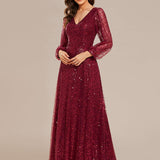 ever RAYVEN|Robe de soirée trapèze à paillettes col en V manches longues et paillettes